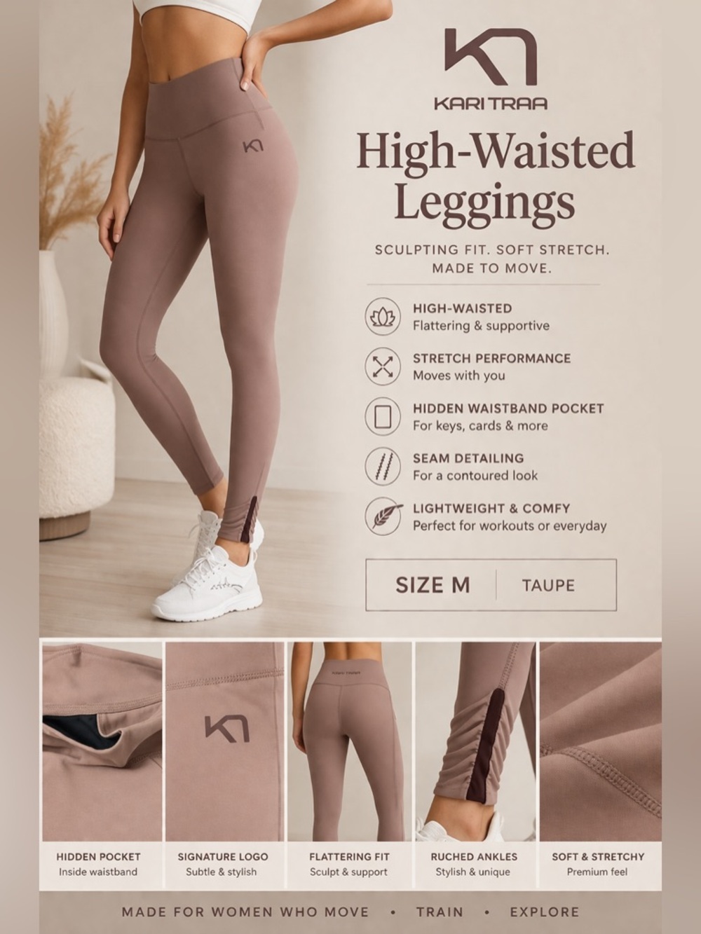 Kari Traa Taupe Leggings Size M High Waist Athletic Yoga Gym Pants, Pocket